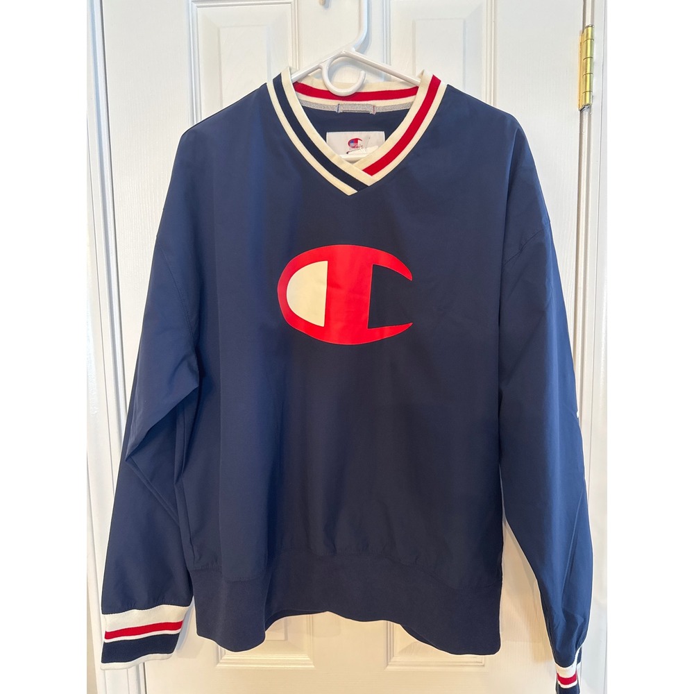 Champion Mens V-Neck Windbreaker Pullover Navy Blue Logo Size Small NEW